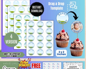 Editable Cupcake Toppers Template, Canva Cupcake Topper, DIY Birthday Decor, Printable Party Cupcake Topper, Canva Party Template