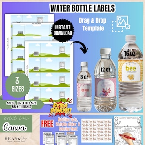 Op de afbeelding: Waterflesetiket-sjablonen, direct te downloaden en te bewerken in Canva. De afbeelding toont waterflessen met etiketten in drie maten. Inclusief bonus printbare stickers en een kleurplaat.