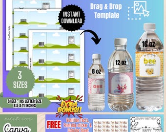 8Oz, 12Oz, 16Oz Water Bottle Label Template,Bottle Sticker Labels,Birthday Party Favors,Custom Water Bottle Stickers,DIY Label Template, BT1