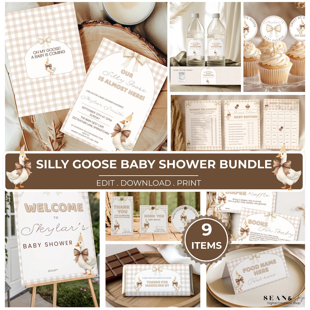 Editable Silly Goose Baby Shower Bundle Template, Brown Gingham Party ...