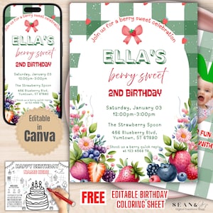 Strawberry Birthday Invitation: Berry Sweet Theme (Editable Canva Template)