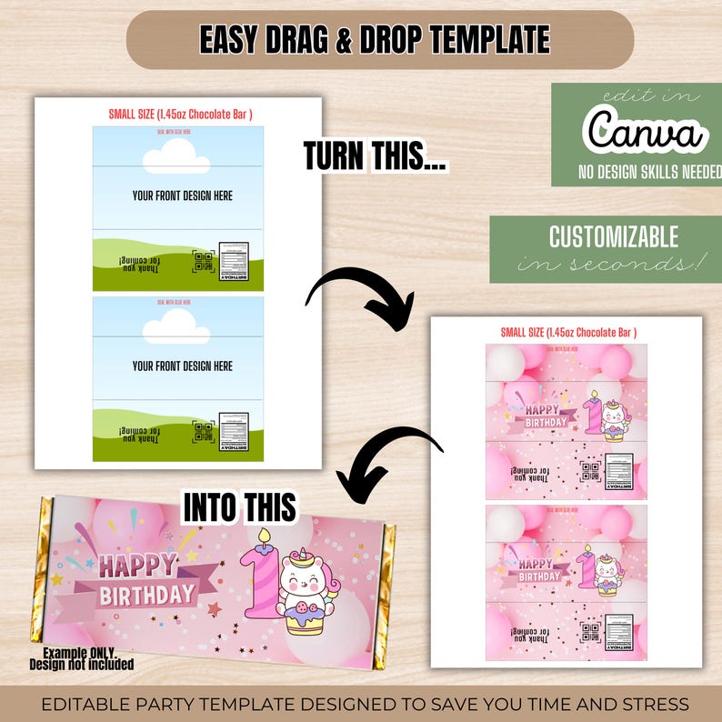 May include: A party template design for a small size chocolate bar. The template is customizable and designed to save time and stress. The design includes the text "Happy Birthday" and a cartoon unicorn.