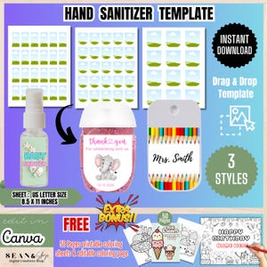 May include: Hand sanitizer template with three styles. Includes a baby shower design, a thank you design with an elephant, and a design with pencils and the text "Mrs. Smith". The template is US letter size, 8.5 x 11 inches.