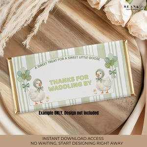 May include: A chocolate bar wrapper with a gold foil edge, featuring a green and white striped background. The design includes illustrations of geese, balloons, and text that reads "A Sweet Treat for a Sweet Little Goose" and "Thanks for Waddling By."