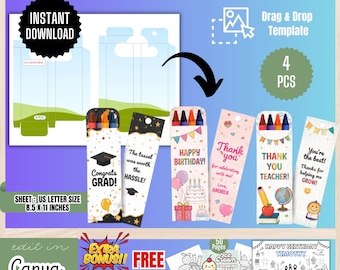 May include: A digital Crayon Box Template featuring multiple designs for party favors. The sheet includes text such as CRAYON BOX TEMPLATE, INSTANT DOWNLOAD, 4 PCS, and US LETTER SIZE 8.5 X 11 INCHES. Various colorful crayon boxes are displayed.