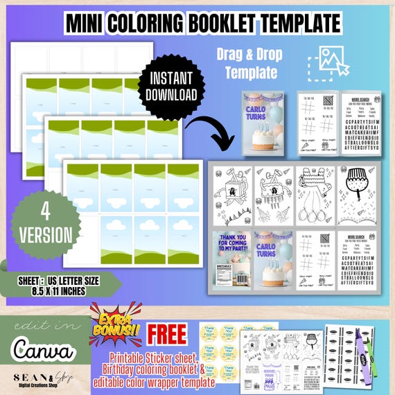Mini Coloring Booklet Template,Printable Coloring Book,DIY Party Favor,Kids Activity Book,Party Favor Coloring Book,Canva Party Template,BT1
