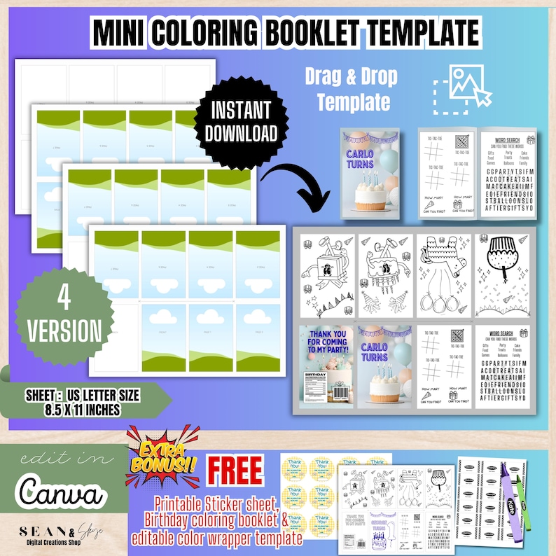 May include: A digital template for a mini coloring booklet. The design includes pages with illustrations, word searches, and customizable elements. The template is US letter size, 8.5 x 11 inches, and offers an instant download. The image also includes the text "Edit in Canva".
