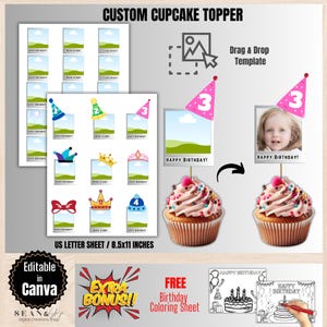 Face Cupcake Topper Template: Editable Birthday Party Favors (Canva Editable)
