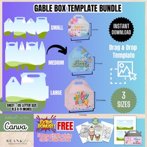 以下が含まれることがあります： 3つのサイズのGableボックスのデジタルテンプレートバンドル：小（7.6 x 5.1 cm）、中（8.9 x 8.6 cm）、大（15.2 x 8.4 cm）。無料の塗り絵とケーブルボックスラベルが含まれています。Canvaで編集します。