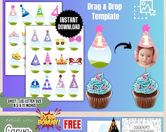 Cupcake Topper Template, Face Cupcake Topper, Birthday Cake Topper, Cupcake Birthday, Canva Editable, Party Favors, BT1