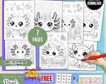 Puede incluir: Un conjunto de siete hojas para colorear axolotes imprimibles en tamaño 21,59 x 27,94 cm, con dibujos de líneas en blanco y negro de axolotes, peces y medusas, además de una página extra de pegatinas y plantillas para envoltorios de ceras.