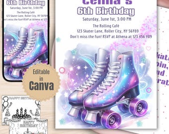 Skating Party Invitation, Roller Skating Party, Editable Canva Template, Girl Birthday Party Invitation, Skate Birthday Party
