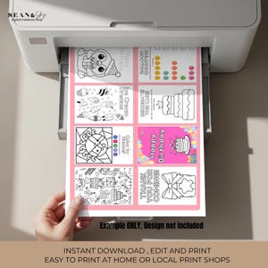May include: A sheet of printable birthday-themed activity cards emerges from a printer. The cards feature black and white illustrations of a penguin, ice cream, a cake, and other designs, with pink borders and the text "Happy Birthday".