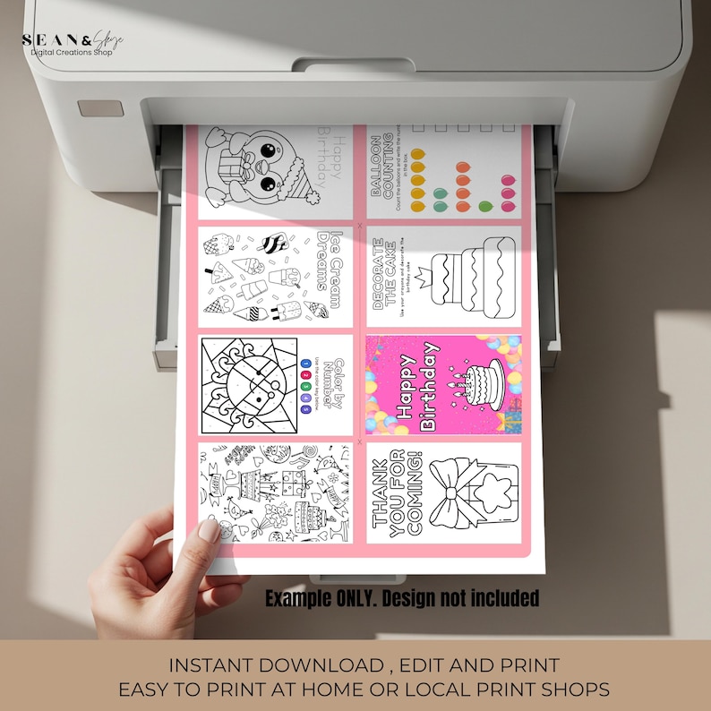 May include: A sheet of printable birthday-themed activity cards emerges from a printer. The cards feature black and white illustrations of a penguin, ice cream, a cake, and other designs, with pink borders and the text "Happy Birthday".