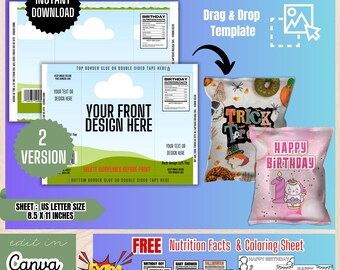 Chip bag Template, Custom Chip Bag Template, Party Decorations, Instant Download, Birthday Favors, Party Chip Bags,  Chip Bags, BT1
