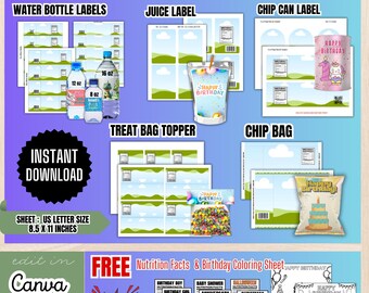 Bundle Party Favor Templates, Chip Bag Template, Water Bottle Labels, Capri Sun Template, Treat Bag Stickers, Printable Template, BT1