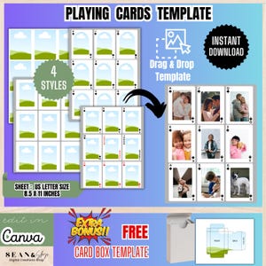 May include: A digital template for playing cards with four styles, featuring a drag and drop design. Includes a free card box template. The sheet size is 8.5 x 11 inches. The design is editable in Canva and available for instant download.