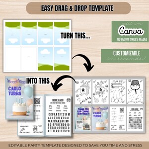 May include: An image showcasing a party template with the text "CARLO TURNS". The template is designed for easy drag and drop customization. The design includes a word search, tic-tac-toe, and coloring pages. The text "EDITABLE PARTY TEMPLATE DESIGNED TO SAVE YOU TIME AND STRESS" is also visible.