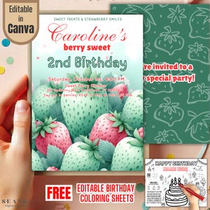 Strawberry Birthday Invitation: Berry Sweet Theme (Editable Canva Template)