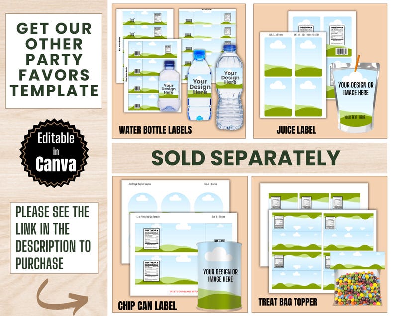 Bundle Party Favor Templates, Chip Bag Template, Water Bottle Labels