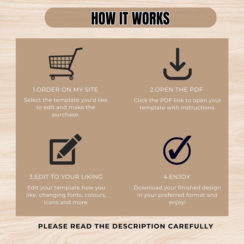 May include: A beige graphic with the text "HOW IT WORKS" at the top. The graphic shows a shopping cart, a download icon, a pencil, and a checkmark, each with accompanying text. The text at the bottom reads "PLEASE READ THE DESCRIPTION CAREFULLY."