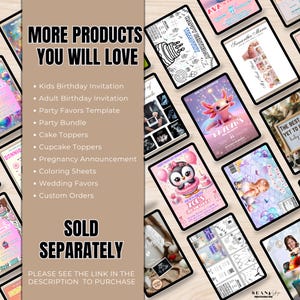 May include: A collection of digital invitations and templates, including birthday invitations, pregnancy announcements, and coloring sheets. The image features various designs with text like "Happy Birthday Timothy" and "Kaylyn's 2nd Birthday". The text "More Products You Will Love" is also visible.
