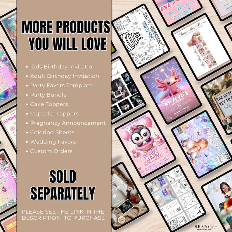 May include: A collection of digital invitations and templates, including birthday invitations, pregnancy announcements, and coloring sheets. The image features various designs with text like "Happy Birthday Timothy" and "Kaylyn's 2nd Birthday". The text "More Products You Will Love" is also visible.