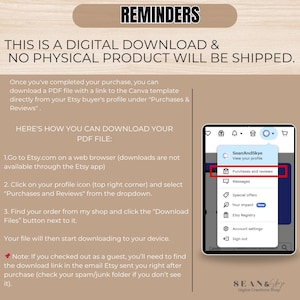 May include: A digital download reminder with instructions on how to download a PDF file after purchase. The text includes steps to find the download link on Etsy. A screenshot of an Etsy profile with the "Purchases and reviews" option highlighted is also shown.