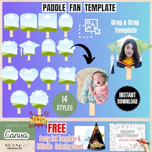 Op de afbeelding: Een digitale sjabloon voor paddle fans met 14 stijlen, met verschillende vormen en ontwerpen. Inclusief een sleep-en-neerzet sjabloon, een gratis feesthoed sjabloon en een bewerkbaar kleurvel. De tekst luidt "Paddle Fan Template".