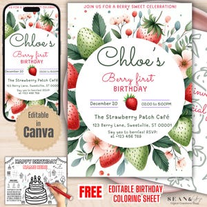 Strawberry Birthday Invitation: Berry Theme, Girl Invitation (Editable Canva Template)