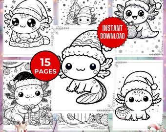 Puede incluir: Una colección de 15 páginas para colorear imprimibles con dibujos lineales en blanco y negro de ajolotes con gorros de Navidad. Las páginas incluyen elementos festivos como árboles de Navidad, adornos y regalos. El texto dice 15 PAGES.