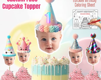 Custom Face Cake Topper, Printable Cupcake Toppers, Baby Face Birthday, Photo Cake Toppers, Custom Baby Face, Digital Cupcake Toppers, CT