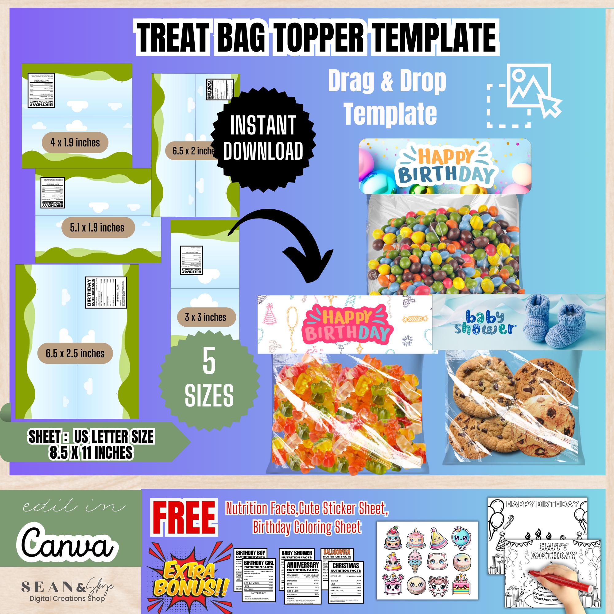 Treat Bag Toppers Template Bundle,Party Favor Bag Template,Custom Party Favor Labels,Treat Bag Stickers,Printable Bag Topper, BT1