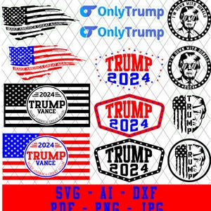 以下が含まれることがあります： 「トランプ 2024」と「Make America Great Again!」のテキストが赤、白、青で書かれた、さまざまなデザインのデジタルカットファイルのセットです。デザインには、旗、円、盾の形が含まれています。ファイルはSVG、AI、DXF、PDF、PNG、JPG形式で入手できます。