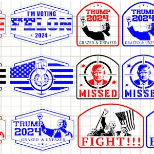 Peut inclure: Un ensemble de fichiers de découpe numériques présentant divers motifs à thème politique. Les motifs comprennent un drapeau américain rouge, blanc et bleu avec un poing au centre, une cible avec les mots "Missed" et un portrait de Donald Trump, et un motif rouge, blanc et bleu avec les mots "Trump 2024" et "Grazed & Unfazed". Les motifs sont disponibles aux formats SVG, PNG et AI.