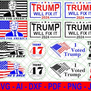 May include: A digital design sheet with multiple images featuring the American flag and the text "Trump Will Fix It 2024" and "Trump 47 Make America Great Again". There are also images with the text "I Voted Trump" and "He's Back".