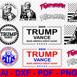 Puede incluir: Un conjunto de archivos de corte digital que presentan varios diseños con el texto "Trump Vance" y "Make America Great Again!" en rojo, blanco y azul. Los diseños incluyen un retrato de un hombre con un sombrero rojo, blanco y azul, una bandera y un eslogan. Los archivos están disponibles en los formatos SVG, AI, DXF, PDF, PNG y JPG.