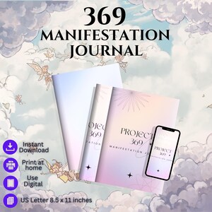May include: A 369 Manifestation Journal with a pastel gradient cover featuring the text Project 369 Manifestation Journal. The set includes a digital version on a smartphone screen and a physical version measuring 8.5 x 11 inches.