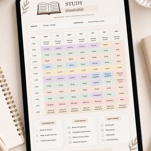 May include: A digital tablet displaying a weekly study timetable with a grid layout, color-coded time slots, and sections for top priorities, study goals, and reminders. The interface includes text headers like Study timetable and Lumi Study Co.