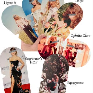 K&ouml;nnte beinhalten: Eine Sammlung von gestanzten Fotokarten mit verschiedenen Bildern einer Person, deren Augen durch graue Balken verdeckt sind. Die Karten sind mit Texten wie I knew it, TS5 premier, Blades of grass, Tulips, Ophelia Glam, Songwriter's HOF und Engagement beschriftet.