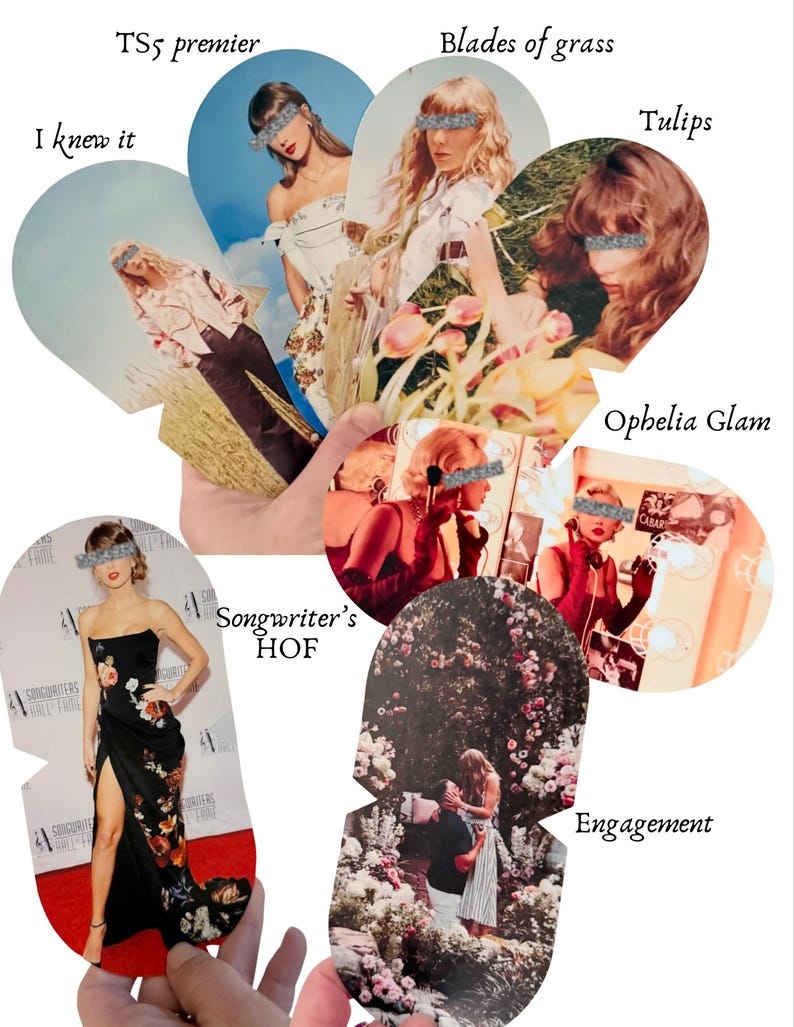 K&ouml;nnte beinhalten: Eine Sammlung von gestanzten Fotokarten mit verschiedenen Bildern einer Person, deren Augen durch graue Balken verdeckt sind. Die Karten sind mit Texten wie I knew it, TS5 premier, Blades of grass, Tulips, Ophelia Glam, Songwriter's HOF und Engagement beschriftet.