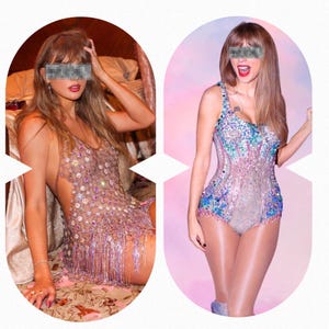 K&ouml;nnte beinhalten: Ein &auml;rmelloses, transparentes, helles Kleid, verziert mit zahlreichen schillernden Kristallen und einem langen, glitzernden Fr Saum. Daneben ein &auml;rmelloser Body, bedeckt mit dichten, mehrfarbigen Pailletten und Kristallen in Blau, Rosa und Silber.