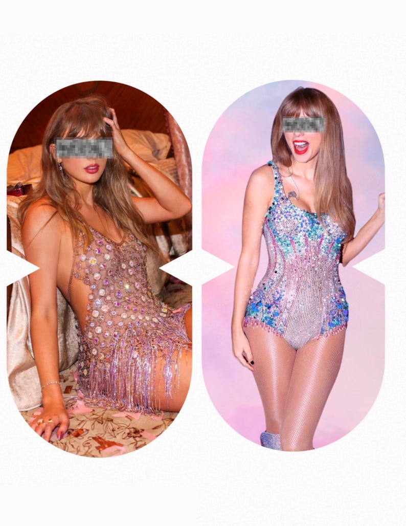 K&ouml;nnte beinhalten: Ein &auml;rmelloses, transparentes, helles Kleid, verziert mit zahlreichen schillernden Kristallen und einem langen, glitzernden Fr Saum. Daneben ein &auml;rmelloser Body, bedeckt mit dichten, mehrfarbigen Pailletten und Kristallen in Blau, Rosa und Silber.