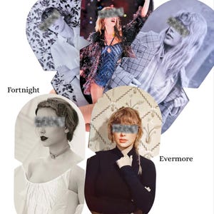 K&ouml;nnte beinhalten: Eine Collage aus f&uuml;nf ovalen Ausschnitten, die eine Person in verschiedenen Outfits zeigen. Die Bilder sind mit Folklore wallpaper, Karma, Folklore, Fortnight und Evermore beschriftet. Die Augen der Person sind durch graue Pixelbalken verdeckt.