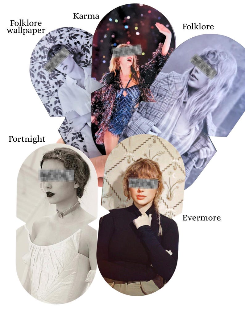 K&ouml;nnte beinhalten: Eine Collage aus f&uuml;nf ovalen Ausschnitten, die eine Person in verschiedenen Outfits zeigen. Die Bilder sind mit Folklore wallpaper, Karma, Folklore, Fortnight und Evermore beschriftet. Die Augen der Person sind durch graue Pixelbalken verdeckt.