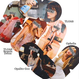 K&ouml;nnte beinhalten: Eine Collage aus sechs Fotos mit verschiedenen Kleidungsst&uuml;cken und Produkten, beschriftet als TLOAS robe, Opalite Spray, TLOAS, TLOAS Sequin Dress, Opalite Goo und Ophelia. Die Bilder zeigen einen rosa Morgenmantel mit Pelzbesatz, ein Spray und Kleider.