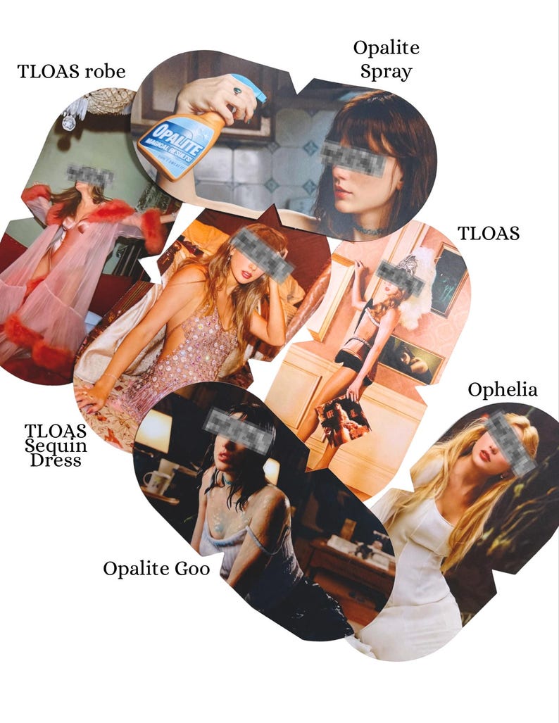 K&ouml;nnte beinhalten: Eine Collage aus sechs Fotos mit verschiedenen Kleidungsst&uuml;cken und Produkten, beschriftet als TLOAS robe, Opalite Spray, TLOAS, TLOAS Sequin Dress, Opalite Goo und Ophelia. Die Bilder zeigen einen rosa Morgenmantel mit Pelzbesatz, ein Spray und Kleider.