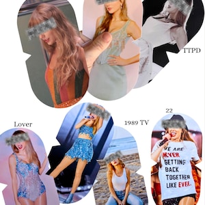 K&ouml;nnte beinhalten: Eine Sammlung von sieben gestanzten Aufklebern mit verschiedenen Outfits und Looks. Ein Aufkleber zeigt ein wei&szlig;es T-Shirt mit dem Text WE ARE NEVER GETTING BACK TOGETHER LIKE EVER. Die Bilder zeigen verschiedene Stile, darunter Pailletten-Sets und Freizeitkleidung.