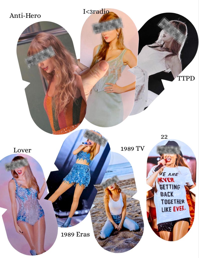 K&ouml;nnte beinhalten: Eine Sammlung von sieben gestanzten Aufklebern mit verschiedenen Outfits und Looks. Ein Aufkleber zeigt ein wei&szlig;es T-Shirt mit dem Text WE ARE NEVER GETTING BACK TOGETHER LIKE EVER. Die Bilder zeigen verschiedene Stile, darunter Pailletten-Sets und Freizeitkleidung.