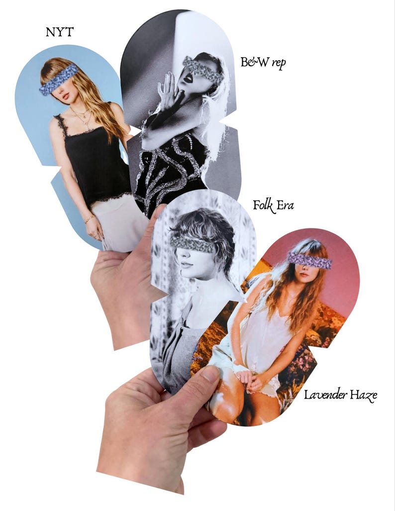 K&ouml;nnte beinhalten: Vier gestanzte Papieraufsteller mit fotografischen Portr&auml;ts einer Person, deren Augen mit violetten Blumenbalken verdeckt sind. Die Beschriftungen lauten NYT, B&W rep, Folk Era und Lavender Haze. Die Bilder zeigen verschiedene Outfits.